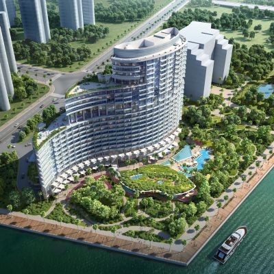 海景度假酒店建筑鸟瞰景观植物景观配景树道路车轮船高架桥国外