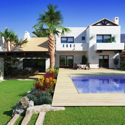 欧式别墅洋房热带植物景观配景石头墙户外泳池椰子树