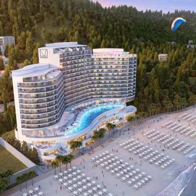 海滨浴场度假酒店单体鸟瞰山体人群跳伞盆景景观国外