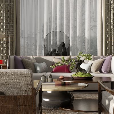 新中式多人沙发茶几摆件盆景花格摆件台灯