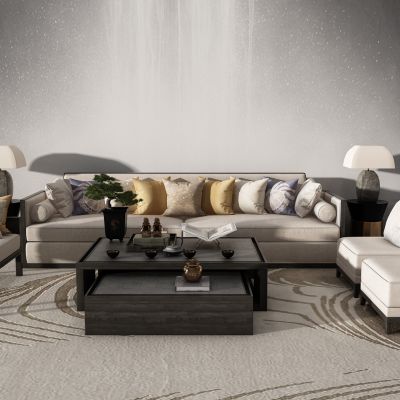 新中式沙发茶几脚踏台灯组合