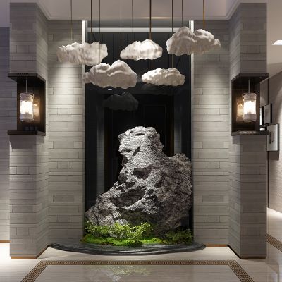 中式别墅门厅景观石头壁灯云朵棉花吊灯