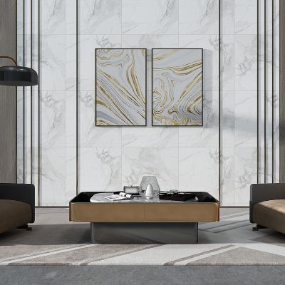 新中式单人沙发茶几落地灯挂画