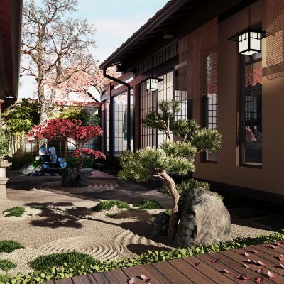 新中式枯山水庭院景观树