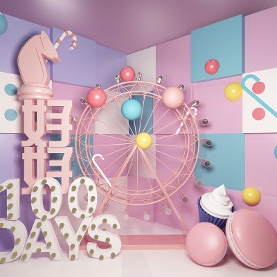 摩天轮美陈马卡甜品店龙合影区背景墙