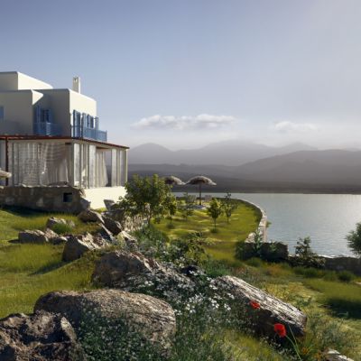 室外海景房景观植物石头茅草屋子凉亭石头墙