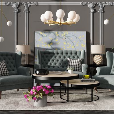 美式沙发石膏线吊灯沙发组合花艺花瓶