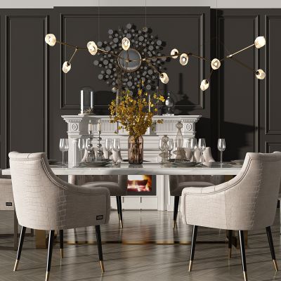 欧式餐桌椅壁炉吊灯组合