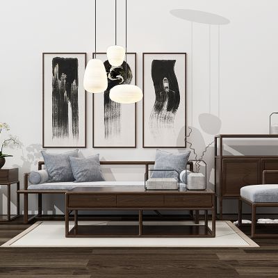 新中式实木家具沙发茶几椅子景观石头竹子画吊灯边柜