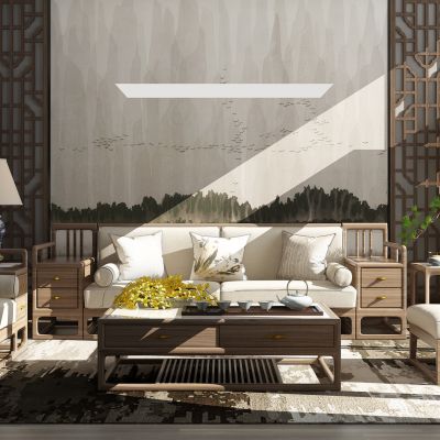 新中式沙发茶几陶瓷台灯装饰柜花格