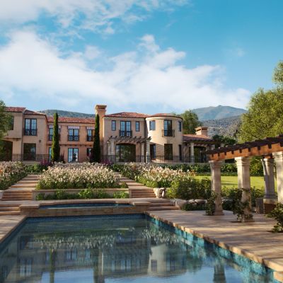 欧式别墅庭院景观植物树配景连廊架水景文化石墙国外