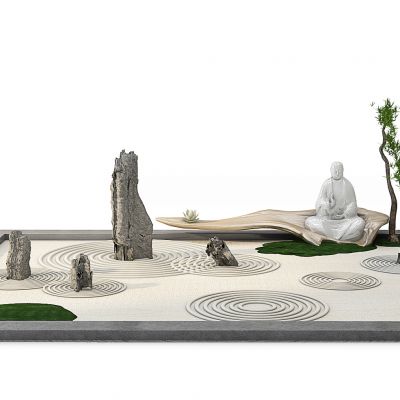 日式禅意枯山水石头根雕佛像摆件