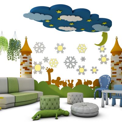 现代儿童家具组合城堡吊篮雪花树动物剪影