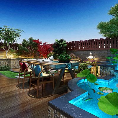 新中式阳台景观3D模型