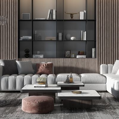 现代转角沙发茶几沙发墩茶几书柜组合
