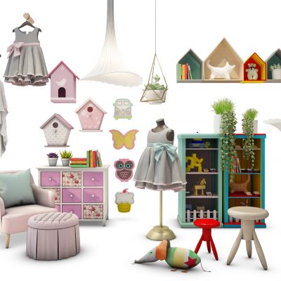 现代儿童房童装桌椅墙饰组合