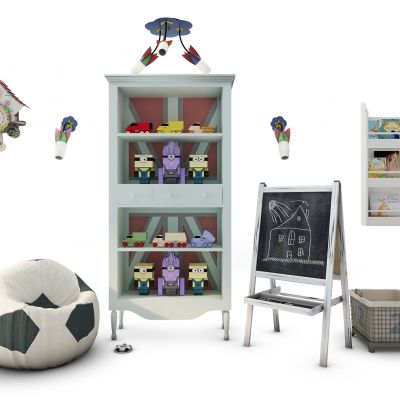 男孩房足球沙发柜子黑板饰品组合