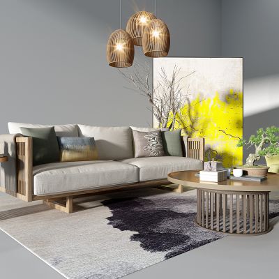 新中式实木木框沙发茶几藤编吊灯干支