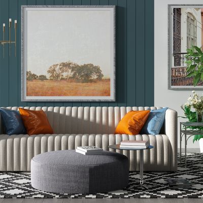 现代皮革沙发茶几沙发墩边几植物盆栽发财树