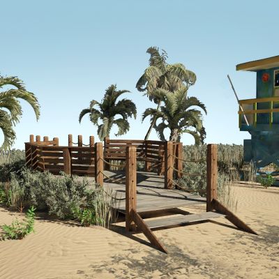 沙滩小木屋木桥草丛椰子树园林景观