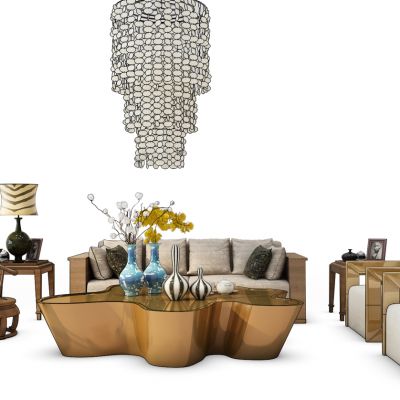 新中式沙发茶几水晶吊灯树墩茶几