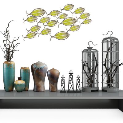 新中式陶瓷铁艺装饰组合陶罐鸟笼