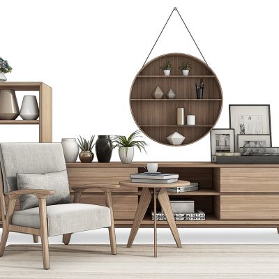 现代实木电视柜边柜休闲椅圆几落地灯摆件组合