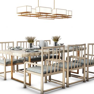 中式餐桌椅吊灯组合