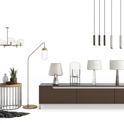 现代实木电视柜圆几台灯吊灯组合