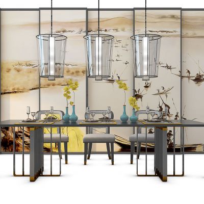 新中式餐桌椅屏风