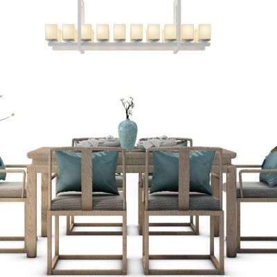 中式餐桌椅吊灯组合