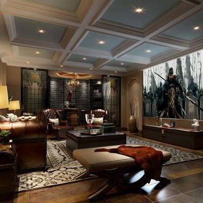 欧式影音室鹿头酒桶羊角灯