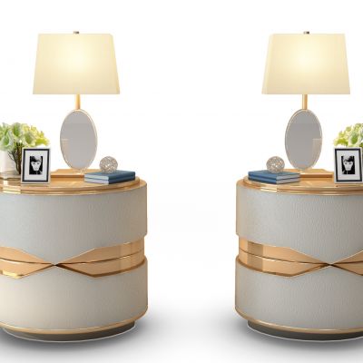 现代金属皮革床头柜台灯装饰画组合