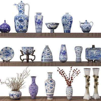中式博古架青花瓷瓶子罐子盘子摆件花瓶画轴