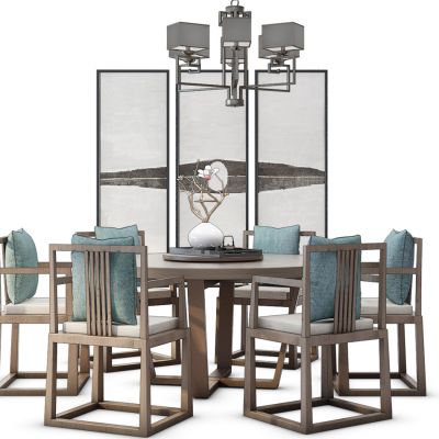 中式餐桌椅吊灯挂画