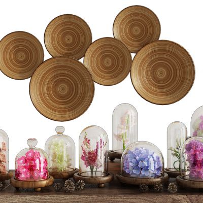 现代玻璃罩玫瑰花卉摆件挂件组合