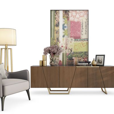 现代电视柜休闲椅落地灯花瓶摆件组合