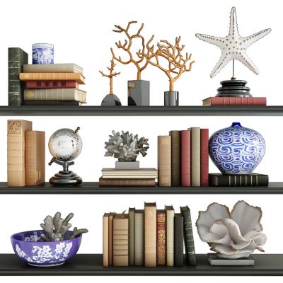 现代书籍书架陶瓷器皿海星珊瑚摆件