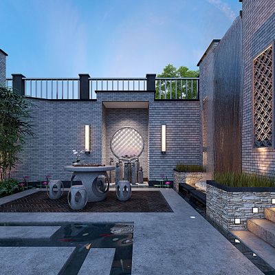 中式庭院石桌石狮子3D模型