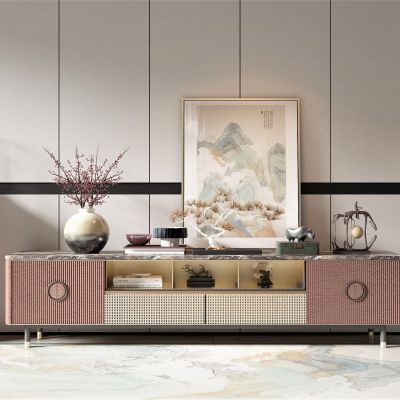 新中式风格电视柜,装饰画，饰品摆件