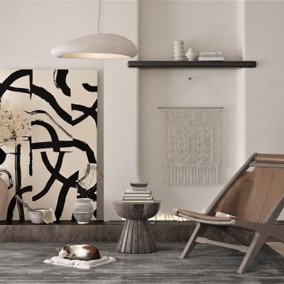 侘寂风格单椅边几，装饰画，饰品摆件