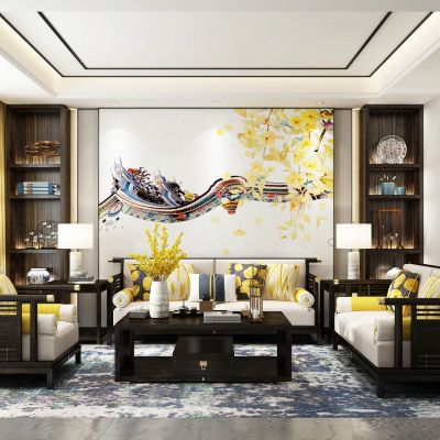 新中式实木沙发茶几组合