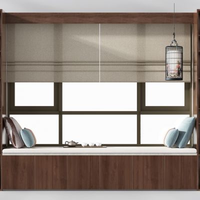 新中式飘窗 飘窗垫 飘窗柜 窗帘