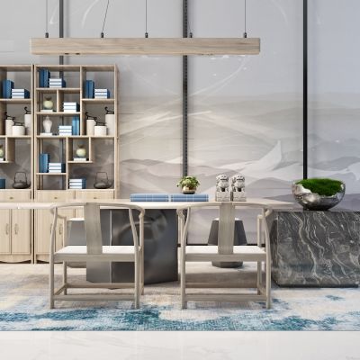 新中式茶室 茶桌 茶具 椅子 博古架