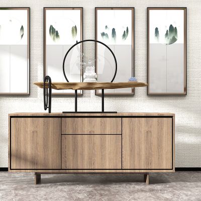 中式实木边柜盆栽装饰画，挂画摆件组合