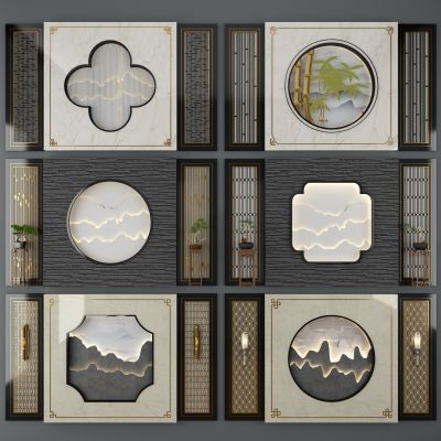 新中式背景墙 花格 隔断 盆栽 墙饰 挂件