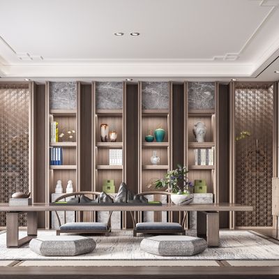新中式禅意茶室 新中式餐桌椅 茶桌椅 吊灯 书柜 屏风 隔断 茶具 摆设