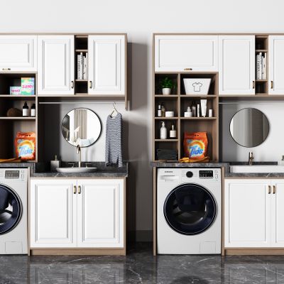 现代洗衣机摆件组合 镜子 洗衣机 柜子 衣服 衣架 洗涤用品