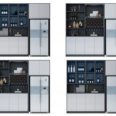 现代酒柜、冰箱、酒瓶