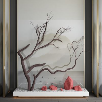 现代树枝干枝端景盆景金属屏风组合